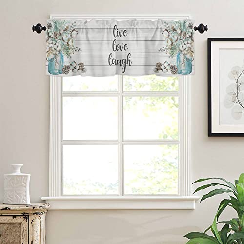 Wood Grain Cotton Flower 1 Panel Tier Window Curtain Valance Curtain Rod Pocket Insulated Blackout Drape Short 54X18Inch For Kitchen Bathroom Or Small Window, Blue Mason Jar Watercolor Style #TOP23