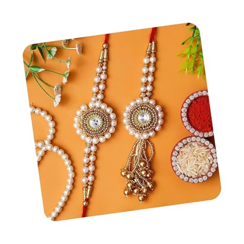 Image of eCraftIndia Designer Bhaiya Bhabhi Rakhis with Roli Chawal Pack and Raksha Bandhan Greeting Card - Rakhi for Brother, Bhaiya, Bhai