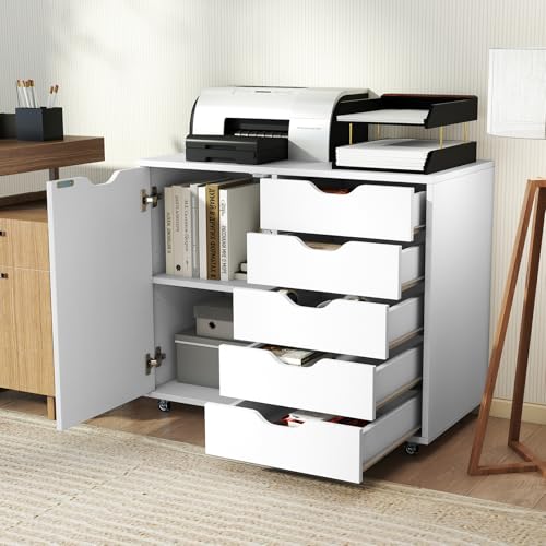 COSTWAY Cajonera para Armario, Cómoda Móvil de 5 Cajones con Estante Ajustable, Soporte para Impresora con 5 Ruedas para Casa, Cómoda de Almacenamiento Vertical de Madera (Blanco) - imagen 7