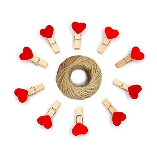 jijAcraft Mothers Day Photo ClipsSmall Wood Clips100Pcs Red Mini Heart Shaped Wooden Clothespin with 100 Feet Jute Twine35cm Craft Clips for Wedding Decoration