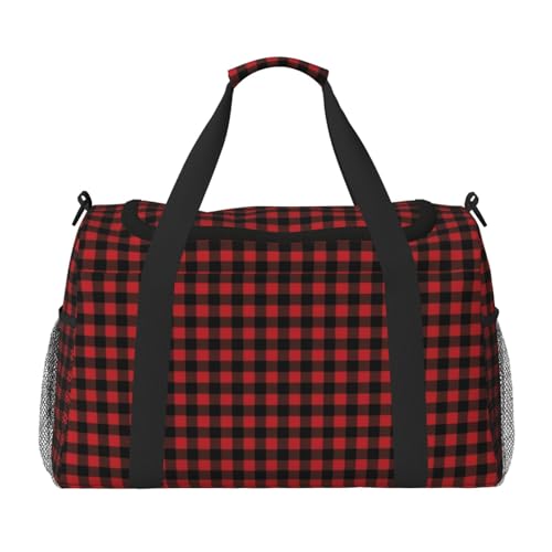 Red Black Buffalo Plaid Bear Lightweight Travel Duffle Bag – Spacious Overnight Bag With Mesh Side Pockets, Adjustable Strap & Reinforced Design
