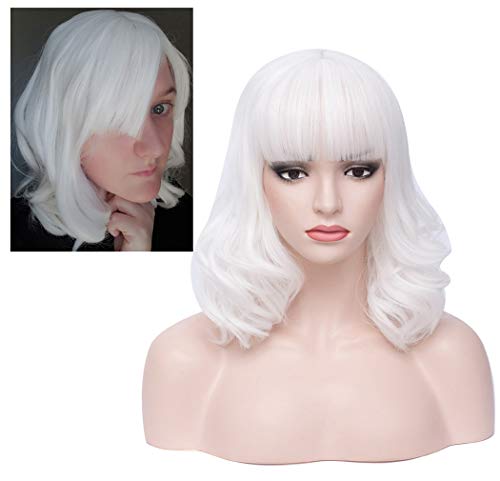 BERON White Wig Short Wavy Wig White Wig with Bangs White Bob Wig for Women Girls Daily Wear Heat Resistant Synthetic Wig (White)