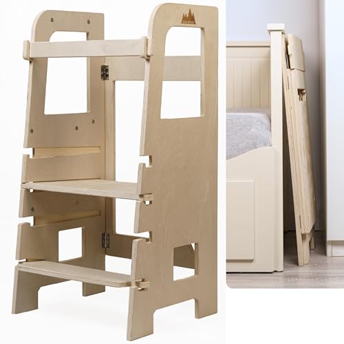 MINIWOOD Torre de Aprendizaje Plegable Montessori de Madera Natural evolutiva Ajustable a 3 Alturas y Barra de Seguridad