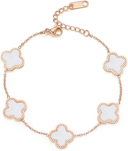 GAUEIOUR White Four Leaf Clover Bracelet, Women's Titanium Steel Bracelet, Simple Design Style, Delicate Four Leaf Clover Jewelry, Lucky Bracelet, Jewelry for Girls and Women (White)