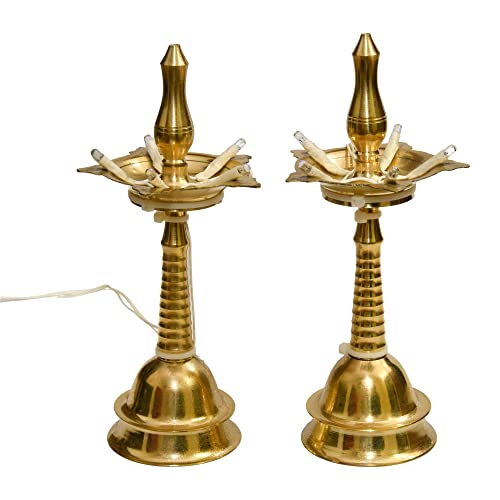 Pure Brass Electric Kerala Table Diya | Traditional Lighting Deepak with Bulb Lights for Pooja & Home Temple | 7 Inches, Brass, Pack of 1 Pair