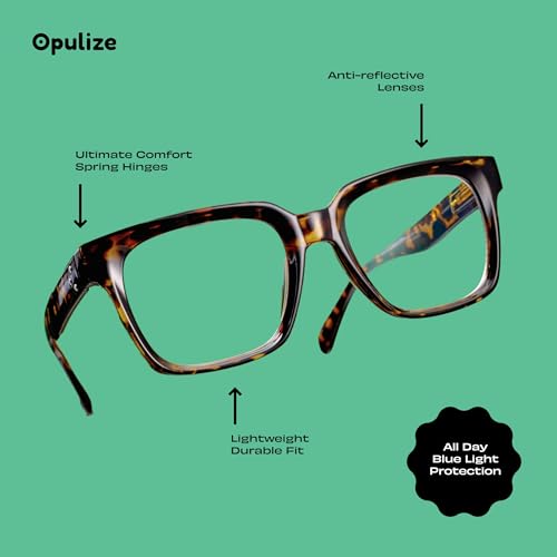 Opulizera Occhiali Luce Blu Donna E Uomo - Occhiali Da Lettura Antiriflesso E Antibagliore - Confezione Da 2 - Occhiali Per Computer - UV400 - Oversize E Rettangolare - Nero Marrone - +1,50 - 4