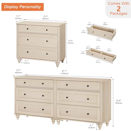 Image of WAMPAT Kids Dresser with 6 Drawers, Baby Dressers with Wide Chest of Drawers, Mid Century Modern Wooden Closet Storage Organizer, Large Wood Dressers for Bedroom, Nursery, Hallway, Beige, 68 inch