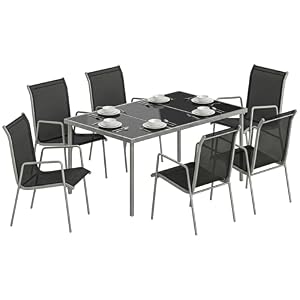 Outsunny Gartenmöbel Set Sitzgruppe 7-teilig 150 x 90cm Tisch mit 6 Atmungsaktiven Stühlen Sicherheitsglas Tischplatte, wetterfest Essgruppe Gartenset Gartengarnitur für Garten Balkon Terrasse Schwarz