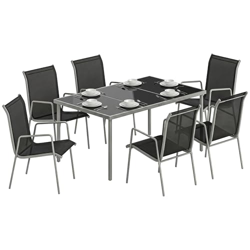 Outsunny Salon de Jardin 6 Personnes - Ensemble Table et Chaises Jardin avec Chaises Empilables en Textilène - Table de Terrasse avec Plateau Verre Trempé pour Repas en Extérieur, Argent