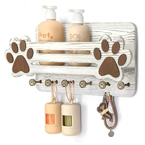 MTERSN Farmhouse Dog Leash Holder for Wall – Cute Dog Accessories Storage Organizer with Floating Shelf and 6 Key Hooks – Key Holder Wall Mount for Rustic Home Decor (White)