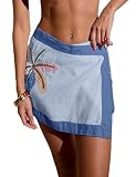 Huaqiao Women's Embroidered Wrap Mini Skirt Summer Cotton Linen Tie Side High Waist A Line Beach Boho Short Skirt(Blue-L)