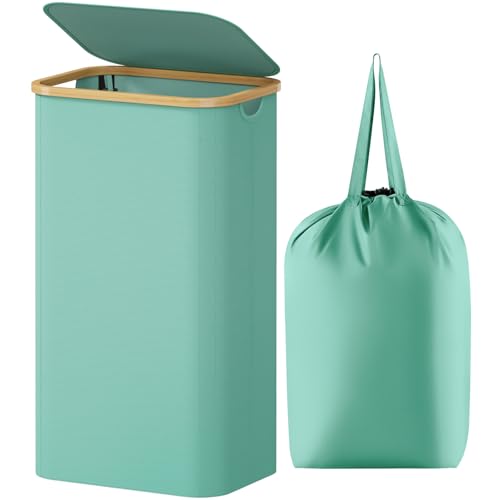 Lifewit Cesto para la Ropa Sucia de 100L con Tapa, Cesta para la Colada con Asas de Bambú y Una Bolsa Extraíble, Cesto de Ropa Plegable Grande para Dormitorio, Cuarto de Baño, Lavadero, Azul Verdoso