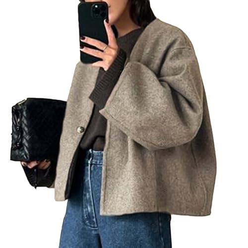 Image of HOTIAN Women Cropped Wool Blend Coats Long Sleeve Coat Jacket Peacoat Fall Winter Outwear Overcoat(Khaki,S)