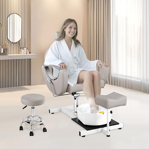 KIIUMI Reclining Pedicure Chair for Nail Tech, Hydraulic Lift Pedicure Station No Plumbing with Footrest Massage Basin, Rolling Stool, 360 ° Swivel Foot Spa Chair for Massage Shop, Gray