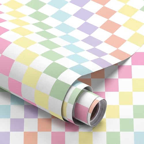 Drydiet Pastel Checkers Wallpaper Peel Stick Contact Paper 15.8 x 118.1in Pastel Rainbow Checkered Wallpaper Self Adhesive Removable Colorful Bulletin Board Paper for Classroom Home Bedroom Decor