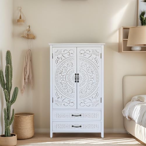 Image of French Country Farmhouse Cabinet - Decorative Storage Cabinet with Vintage White Finish Solid Wood Storage Cabinet for Multi-Room Use, Ideal as a White Sideboard Cabinet in Living Room or Dining Room