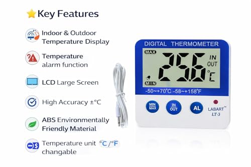 Image of LABART Fridge Freezer Thermometer Max /Min Memory High & Low Temperature Alarms Settings with LED Indicator Digital Refrigeration Thermometer with Magnetic, Stander, Pack Of 1