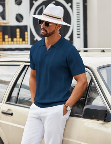Image of COOFANDY Mens Knit Polo Shirts V Neck Textured Polo Shirts Short Sleeve Breathable Polo Casual Collared T Shirt Fashion Tops
