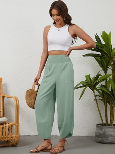 grewley Linen Pants Women Wide Leg Palazzo Capri Pants Summer Casual High Waisted Lounge Cropped Beach Work Green S — view 5