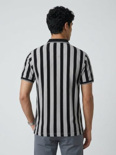 Image of Raymond Men Modern Fit Stripe Pattern Pure Cotton Polo Neck Half Sleeve Casual T-Shirt