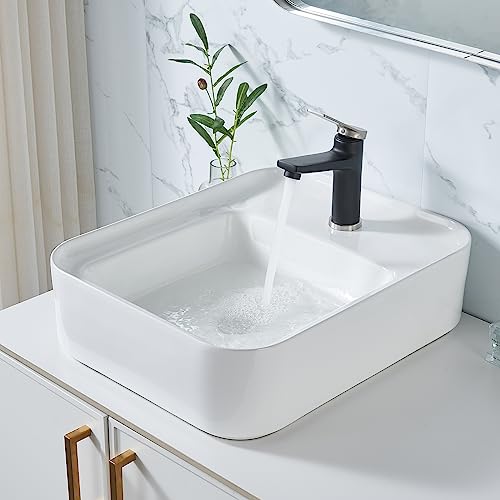 Vapsint Rectangular Vessel Sink,19"X15" White Rounded Bathroom Vessel Sink,Ceramic Vessel Sinks For Bathrooms,Rectangle Above Counter Vessel Vanity Sink Art Basin Sinks With Single Faucet Hole #TOP2