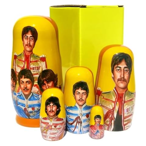New The Beatles SGT. Pepper's Russian Style Nesting Doll 5 Piece Stacking Matryoshka Portrait Memorabilia Wooden Doll in Doll Set 5.5-6 Inches Tall Cover