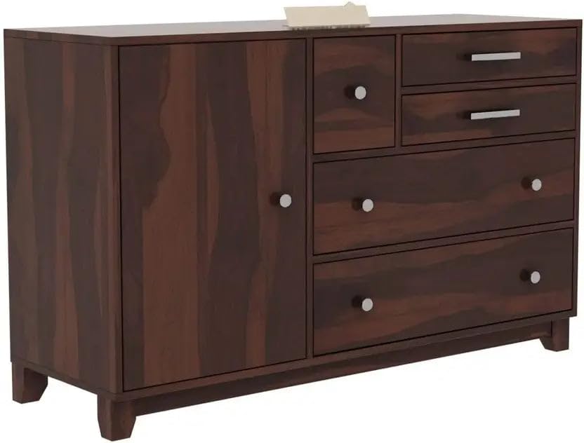 Image of Solid Sheesham Wood Sideboard Cabinet Storage with 2 Door & 4 Drawer Wooden Storage Organizer Cabinet for Home Kitchen Living Room Bedroom Hallway Dinning | Walnut Finish | Pre-Assembled