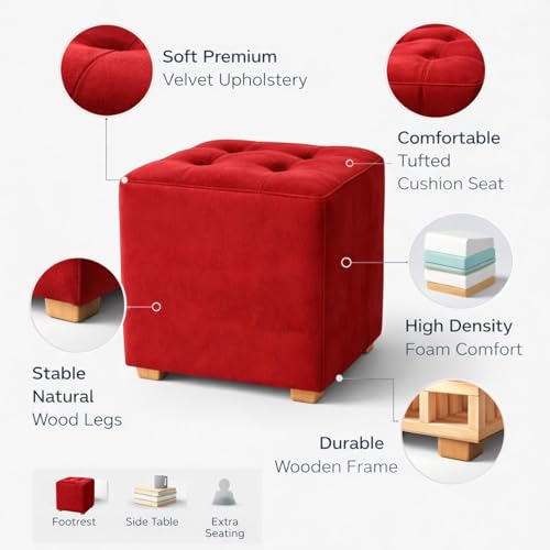 Image of Velvet Cube Ottoman Stool | Upholstered Pouffe with Tufted Design | Soft Footrest Sofa Side Stool for Living Room, Bedroom & Lounge - Red