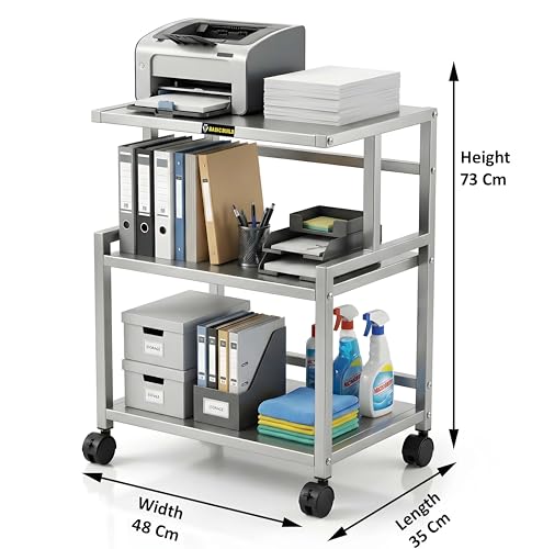 Image of Premium Metal Iron Sliver Printer Stand with Wheels - Heavy-Duty & Stylish Storage Solution for Files, and Essentials - Durable, Modern & Perfect for Homes & Offices. (Silver)