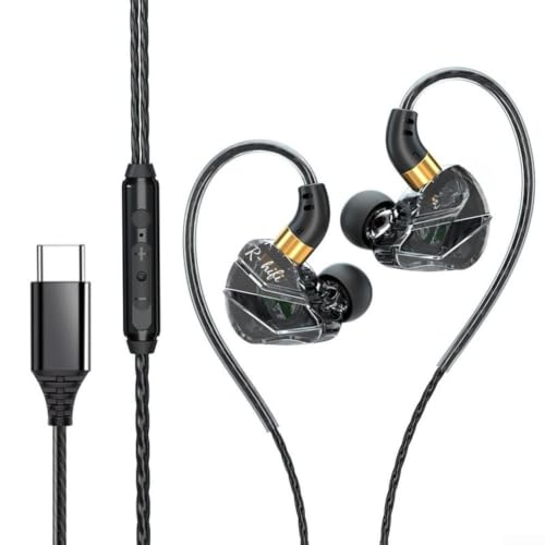 Comgooldool Auriculares con cable tipo C con micrófono, auriculares HiFi para juegos con controlador de 10 mm, auriculares deportivos ergonómicos intrauditivos para audio inmersivo, para teléfonos