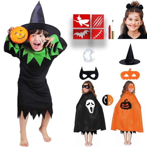 Image of Sarvda halloween costume|halloween dress for boys|witch costume for girls (2-3 Years, Dark Witch (Dress, Hat, Black Cape, 2 Felt Mask, Pumpkin, Teth))