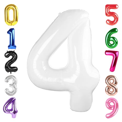 Image of 40 Inch White Number 4 Balloon Birthday Party Decorations for Men & Women | 40 Inch White inflatable foil number balloons, large birthday decorations for 4th birthday
