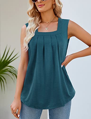 Viracy Summer Tunic Tops, Sleeveless Maternity Shirts Square Neck Pleated Curvy Hem Flowing Boutique Peasant Blouses,Dark Cyan-Large #TOP2