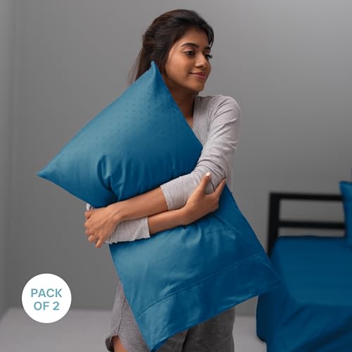 Image of Blue Dahlia 100% Cotton, Standard Size Pillow Covers (18 inch x 28 inch), Set of 2 Pillow Covers, Silky Smooth Feel, 500TC Dotted Premium Pillow Covers, Colour: Azure Blue Navy