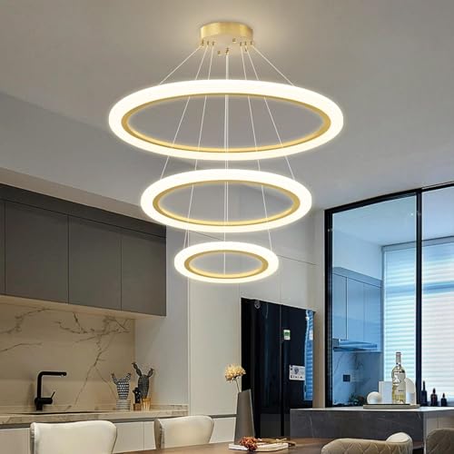 Image of Manraj Modern LED Gold Ring Chandelier, Acrylic 3-Ring Design, Flush Mount Chandelier with Adjustable Hanging Cord Pendant Light Fixture, for Dining Living Room Bedroom (Gold)