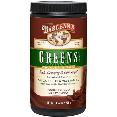 Barleans Chocolate Greens Powder Daily Fruit and Vegetable Superfood Supplement Green Antioxidant Blend and Fiber Smoothie Drink Mix 9.52 oz