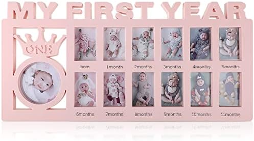 Newborn Baby Picture Frame My First Year Frame Baby Photo Frame 12 Month Baby Keepsake Frames Monthly Milestone Desktop Picture Frame for Photo Memories Baby 1st Birthday Mothers Day Gift (Pink)