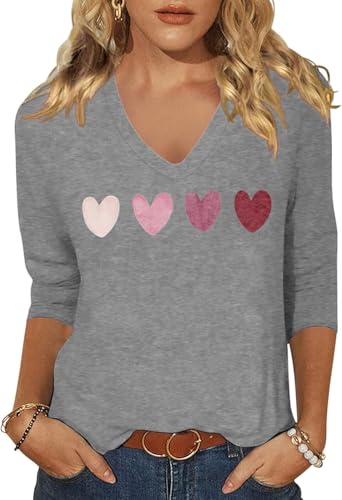 Image of Womens 3 /4 Sleeve V Neck Valentine T Shirts Love Heart Printed Graphic Tee Tops