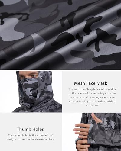 FISHEAL Men's Performance Fishing Hoodie Shirt - UPF 50+ Sun Protection Long Sleeve Thumbholes Shirts with Neck Gaiter