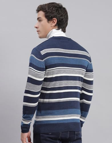 Image of Monte Carlo Royal Blue Striped V Neck Pullover | Warm Woolen Pullover for Men | Soft Comfortable Knitted Winter Wear Sweater for Men's