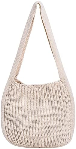 Women's Shoulder Handbags aesthetic Hand-Crochet Crossbody,Hand crocheted Bags, Knitted Textured Bag tote bag,Handmade Knit cute tote bags, For Shopping Beach Travel (White)