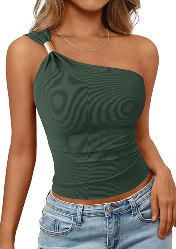 PRETTYGARDEN Women's Asymmetrical One Shoulder Y2K Tops, Dark Green,L