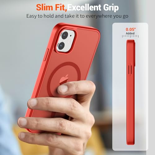 Image of SUPFINE Magnetic for iPhone 11 Phone Case (Compatible with MagSafe) (Military Grade Drop Protection) Slim Translucent Matte Shockproof Phone Cover,Red