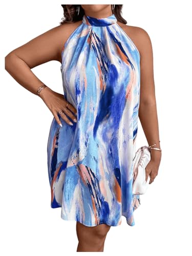 Image of Verdusa Women's Plus Size Tie Back Halter Neck Sleeveless Short Tunic Dress