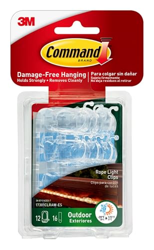 Command Outdoor Rope Light Clips, 12 Hooks and 16 Command Strips, Damage Free Hanging Christmas Decorations with Weather Resistant Strips, Wall Clips for Hanging Outdoor Lights and Cable Management - image 1