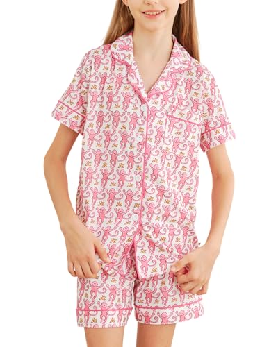 HMPEAIIY Cute Monkey Pajamas Set Summer 2 Piece Button Down Matching Y2k Loungewear PJs for Christmas Thanksgiving Birthday Gift (Pink 10-11 Years)