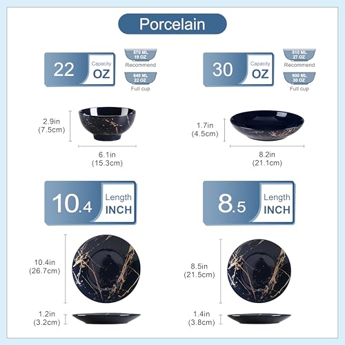 LOVECASA Tafelservice porzellan, Serie Daphne, SWEET 24-teiliges Kombiservice Set, Ess Geschirrset mit Goldspritzer Design, Speiseteller, Dessertteller, Müslischalen und Suppenteller für 6 Personen