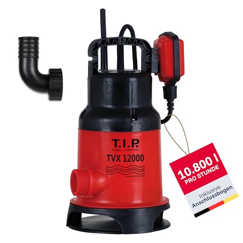 T.I.P. Schmutzwasser Tauchpumpe TVX 12000 – 480W Motor, VORTEX-Freistromlaufrad, 10.800 l/h Fördermenge, max. 6m Förderhöhe, Automatischer Schwimmerschalter