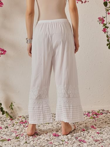 Ada Indian Hand Embroidered Chikankari White Cotton Palazzo Pant for Women A7111702