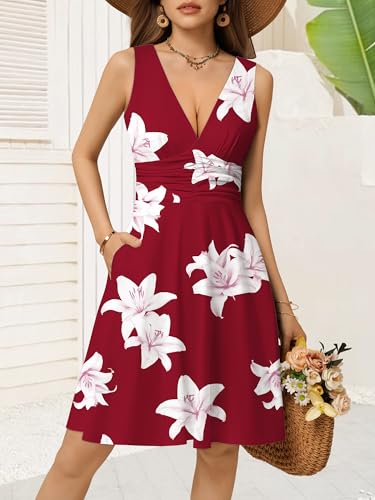 Image of OURIN Women's Spring Deep V Neck Sleeveless Floral Sundresses with Pockets Flowy Summer Dresses for Women